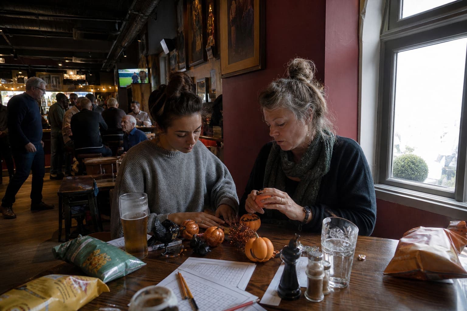 Två systrar vid ett hörnbord på en pub med halloweendekorationer, pennor, snacks och kryssblad.