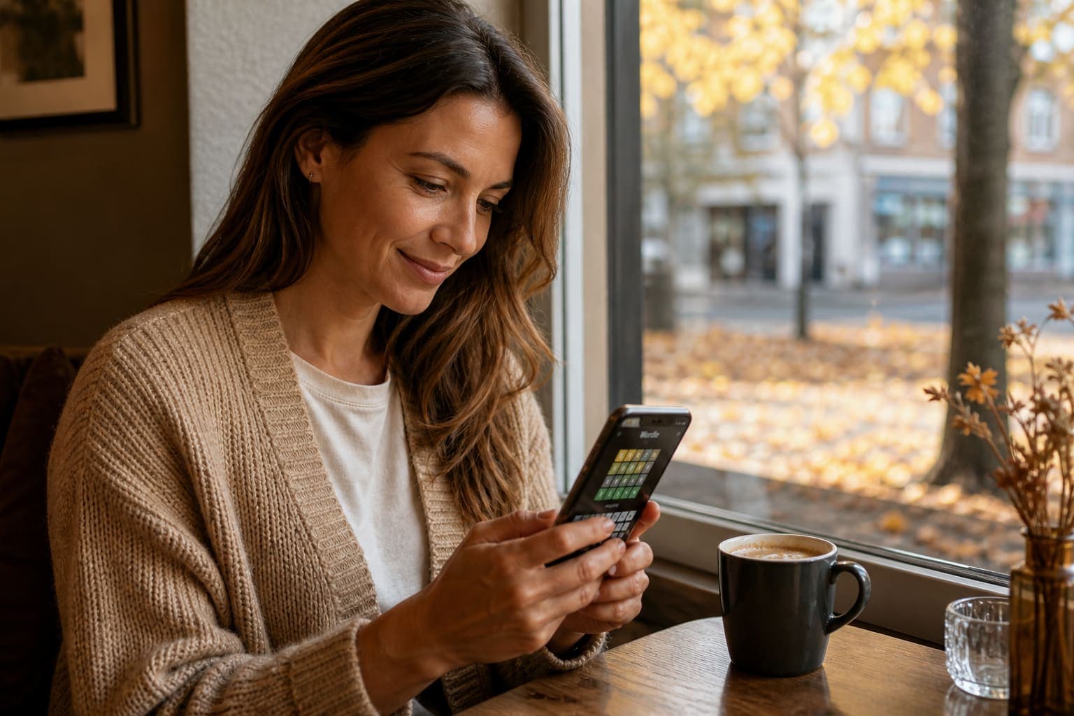 Woman playing on her phone in a cozy café on an autumn afternoon