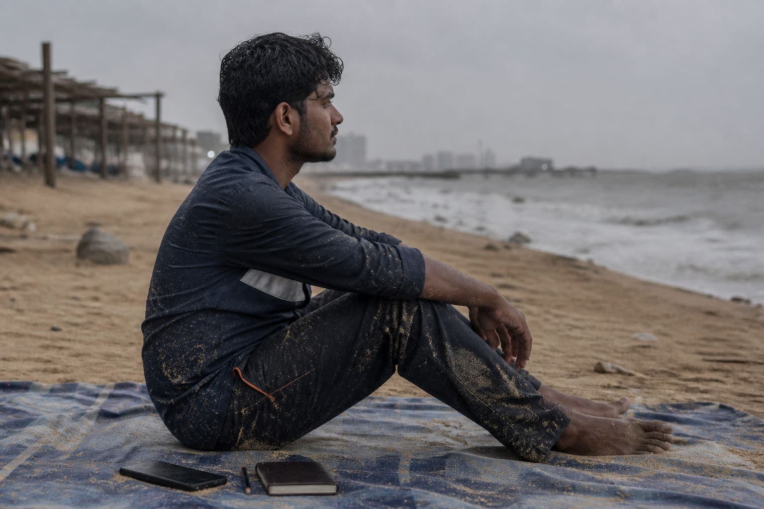 South Asian man in work clothes sitting in profile on a wet sandy beach towel in grey drizzle.