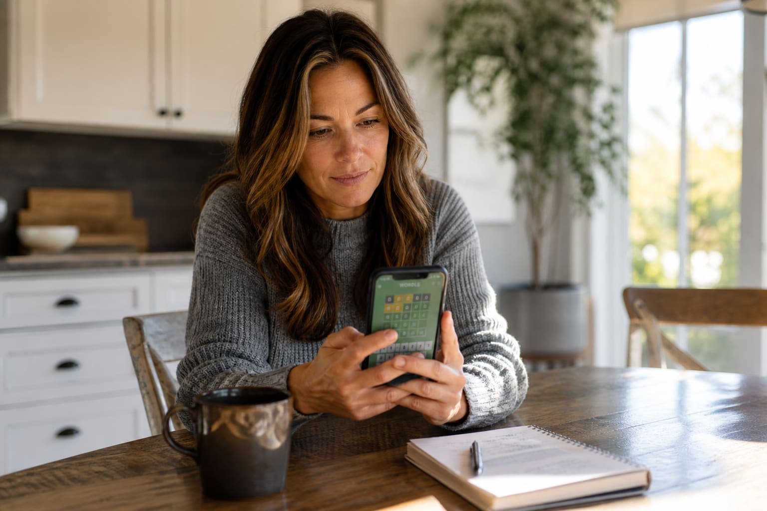 Femme à une table de cuisine jouant sur son téléphone à côté d’une tasse de café.