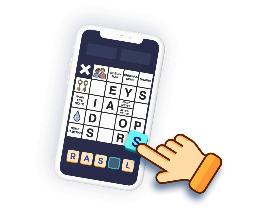 Animated hand icon dragging the letter 'S' into place within the engaging crossword grid on the Kryss word puzzle app, highlighting interactive gameplay on a smartphone
