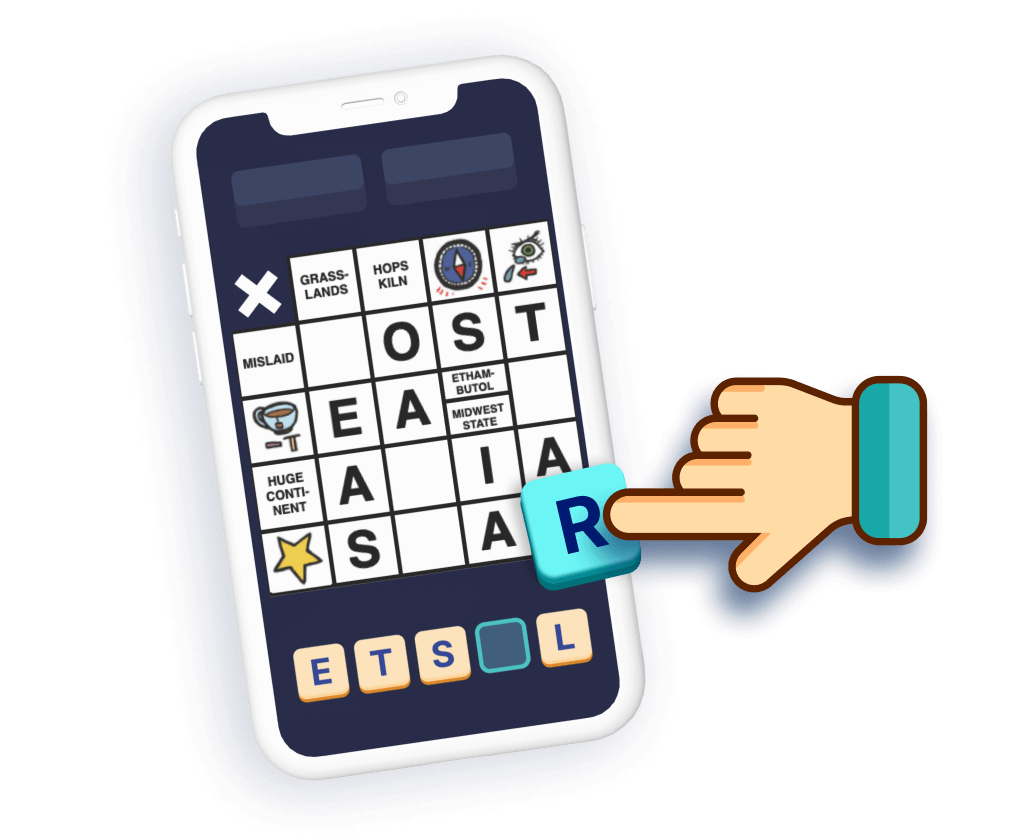Hand icon placing the letter 'R' on the Kryss app's interactive crossword puzzle, showcasing a vibrant word game interface on a mobile device.