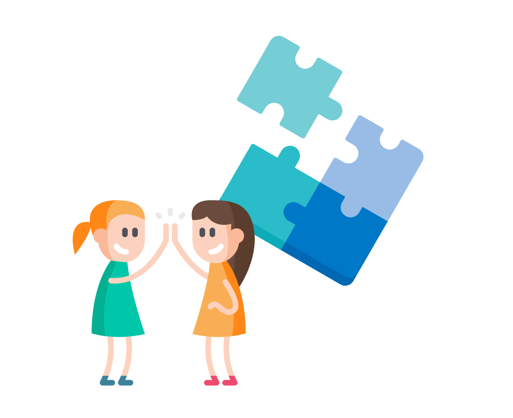 Two cartoon girls smiling and connecting large puzzle pieces together, symbolizing teamwork and problem-solving.