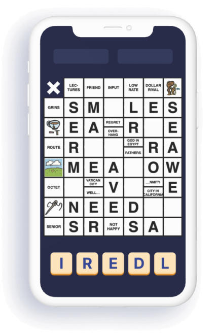 Kryss app screenshot featuring an engaging crossword gameplay, with a word game grid filled with letters and clues, and letter tiles ready for placement, on a mobile device.