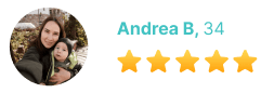 Profile photo of Andrea B, a 34-year-old user, with a full 5-star rating.